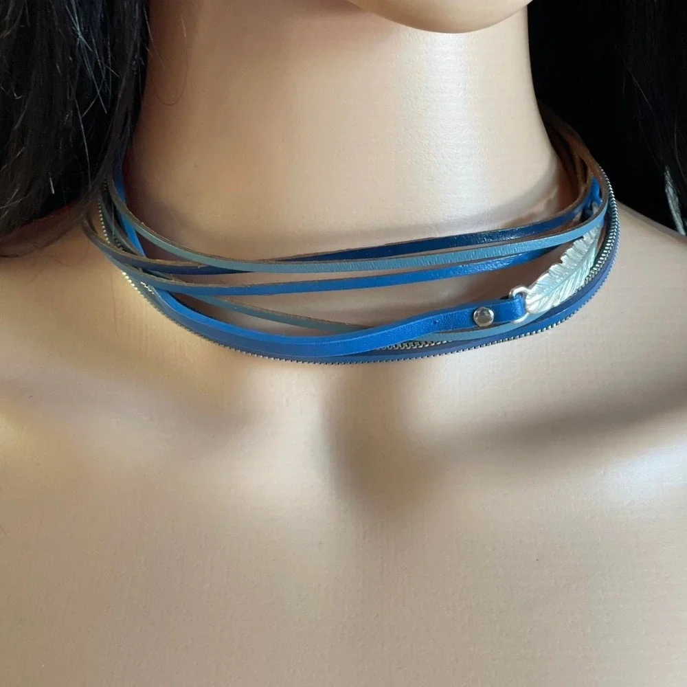 Blue Layered‎ Choker Necklace Silver Feather Charm Boho Chic Wrap Bracelet